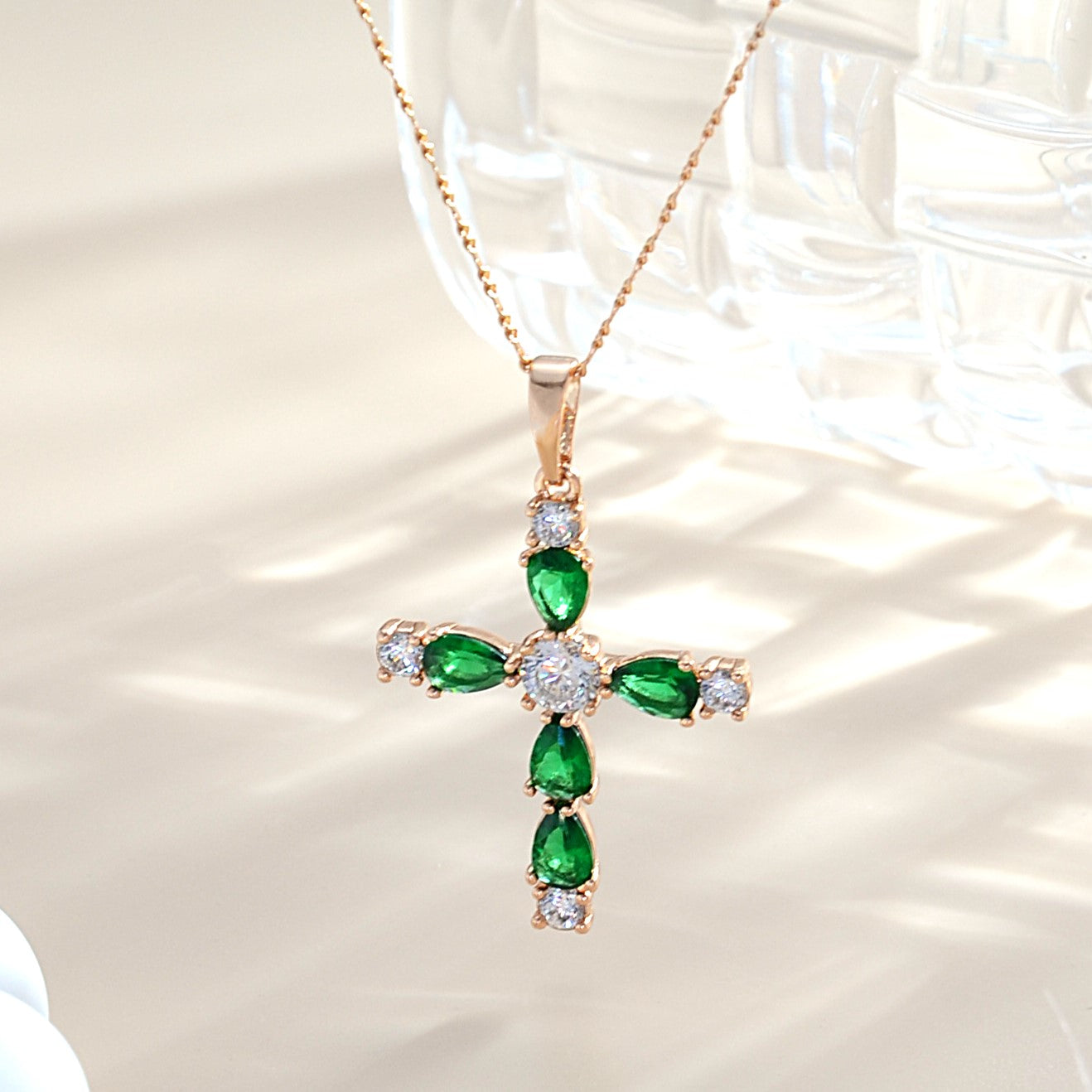 TIMEMATRIX Women's 18K Gold Cross Pendant Necklace | Green CZ Stones, Perfect for Church & Everyday Wear