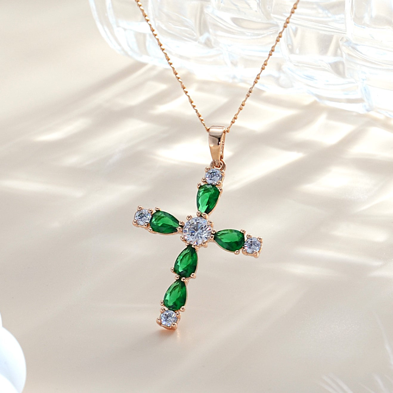 TIMEMATRIX Women's 18K Gold Cross Pendant Necklace | Green CZ Stones, Perfect for Church & Everyday Wear