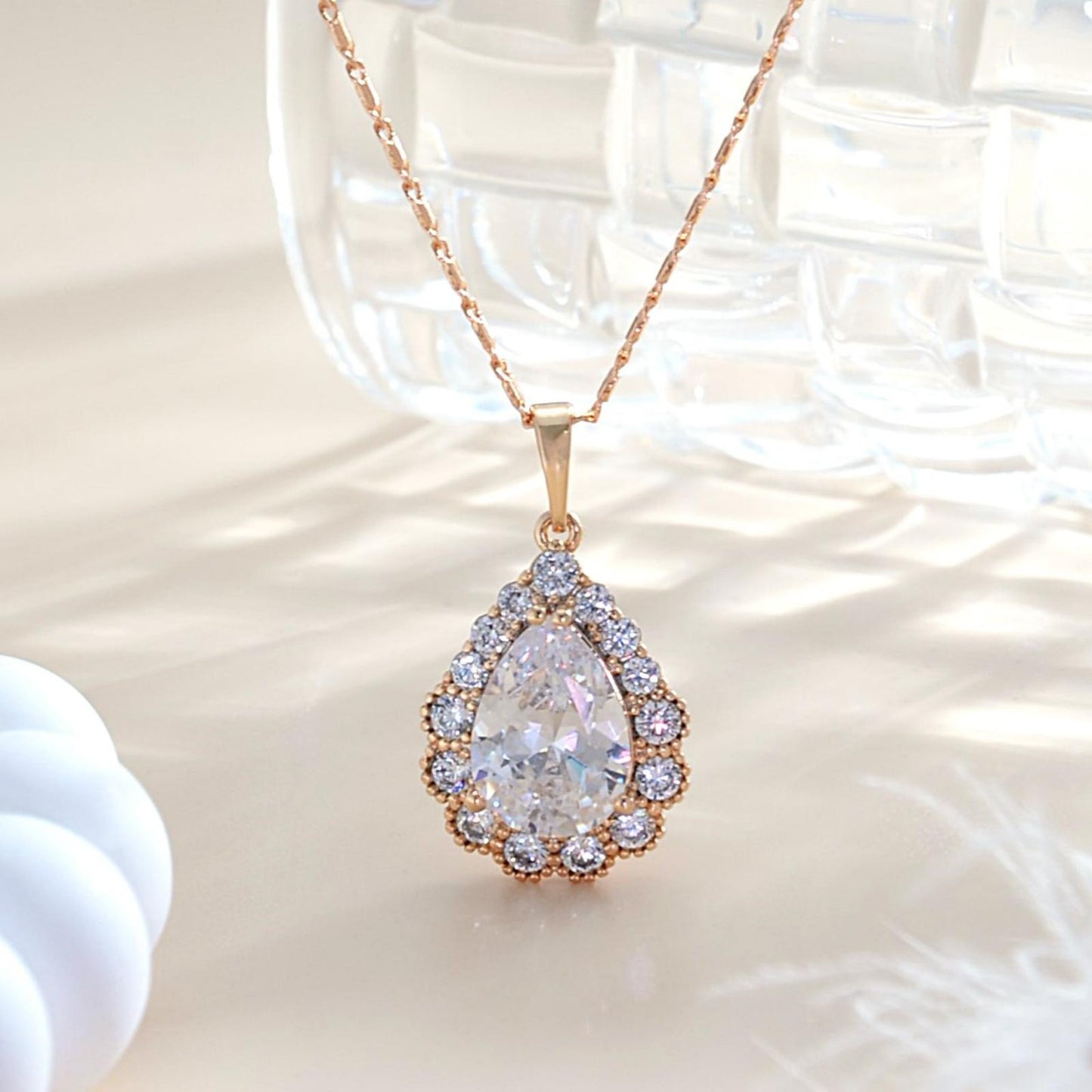 TIMEMATRIX Women's 18K Gold Plated Water Drop Pendant Necklace | White Pear Zirconia Gemstone, Stylish Daily & Gift Jewelry
