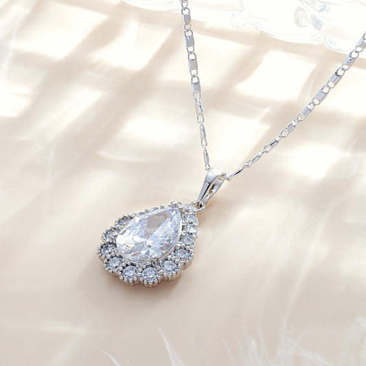 TIMEMATRIX Women's White Gold Plated Water Drop Pendant Necklace | White Pear Zirconia Gemstone, Stylish Daily & Gift Jewelry