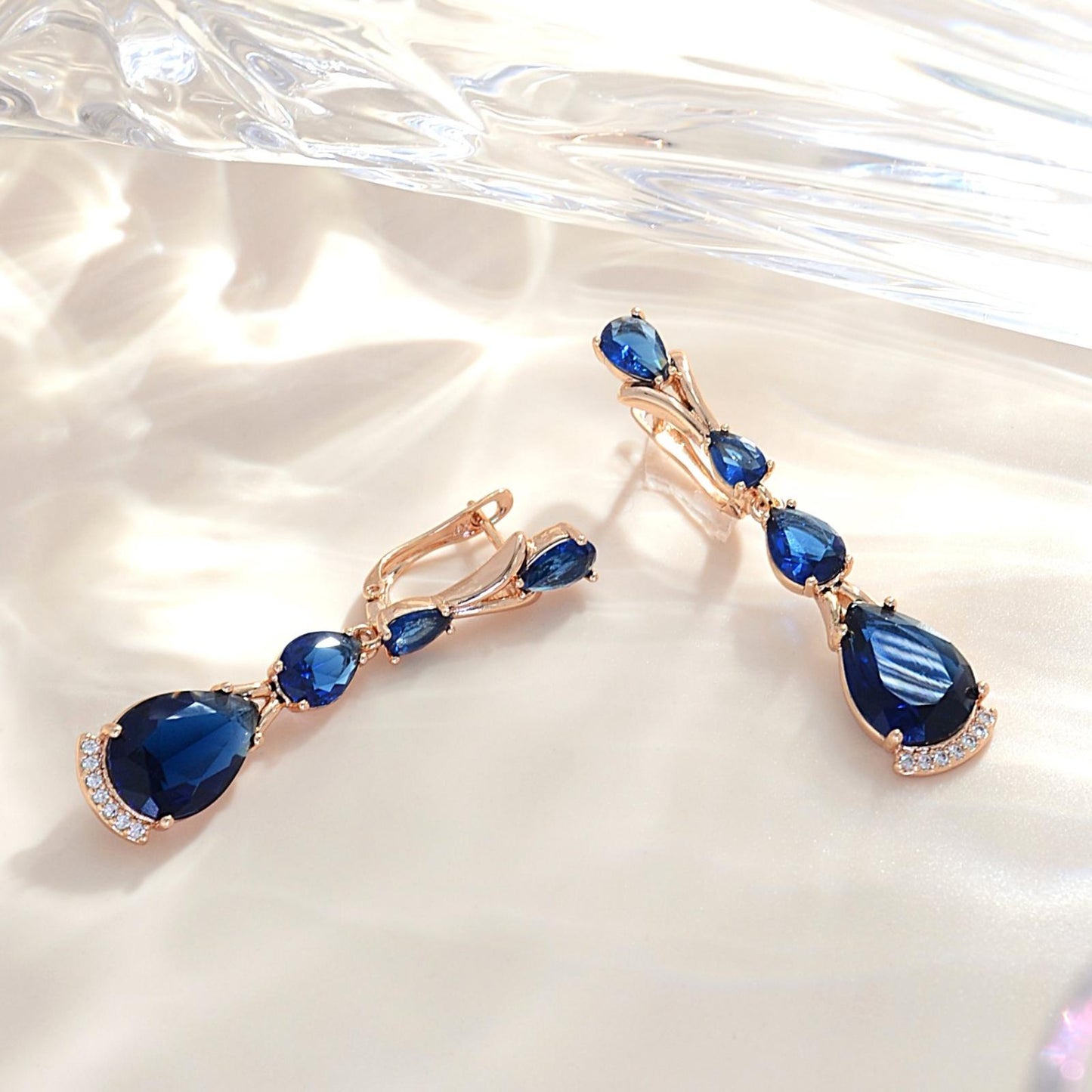 TIMEMATRIX 18K Gold Plated Double Waterdrop Dangle Earrings for Women | Sparkling Sapphire Blue Cubic Zirconia Pendant | Perfect for Evening Gala, Wedding & Date Night