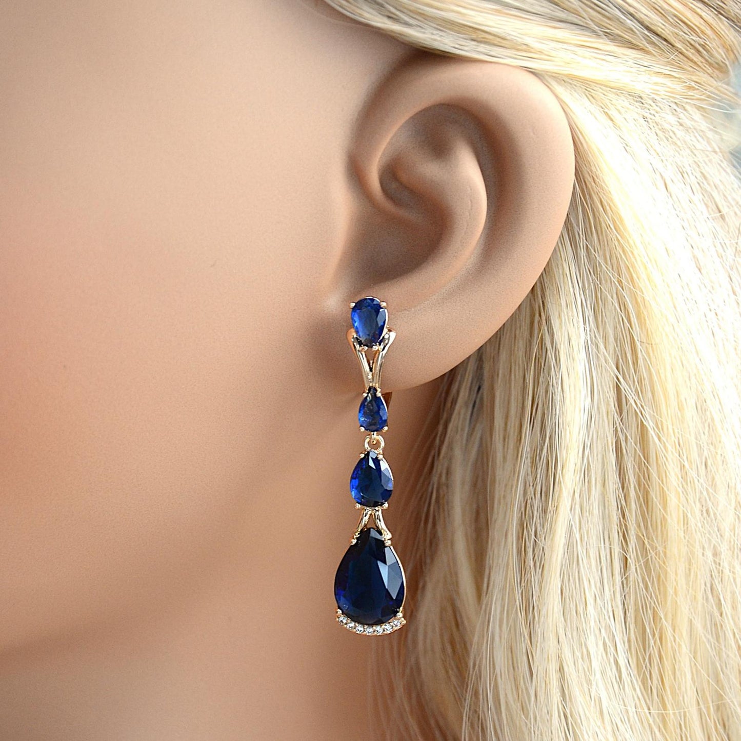 TIMEMATRIX 18K Gold Plated Double Waterdrop Dangle Earrings for Women | Sparkling Sapphire Blue Cubic Zirconia Pendant | Perfect for Evening Gala, Wedding & Date Night