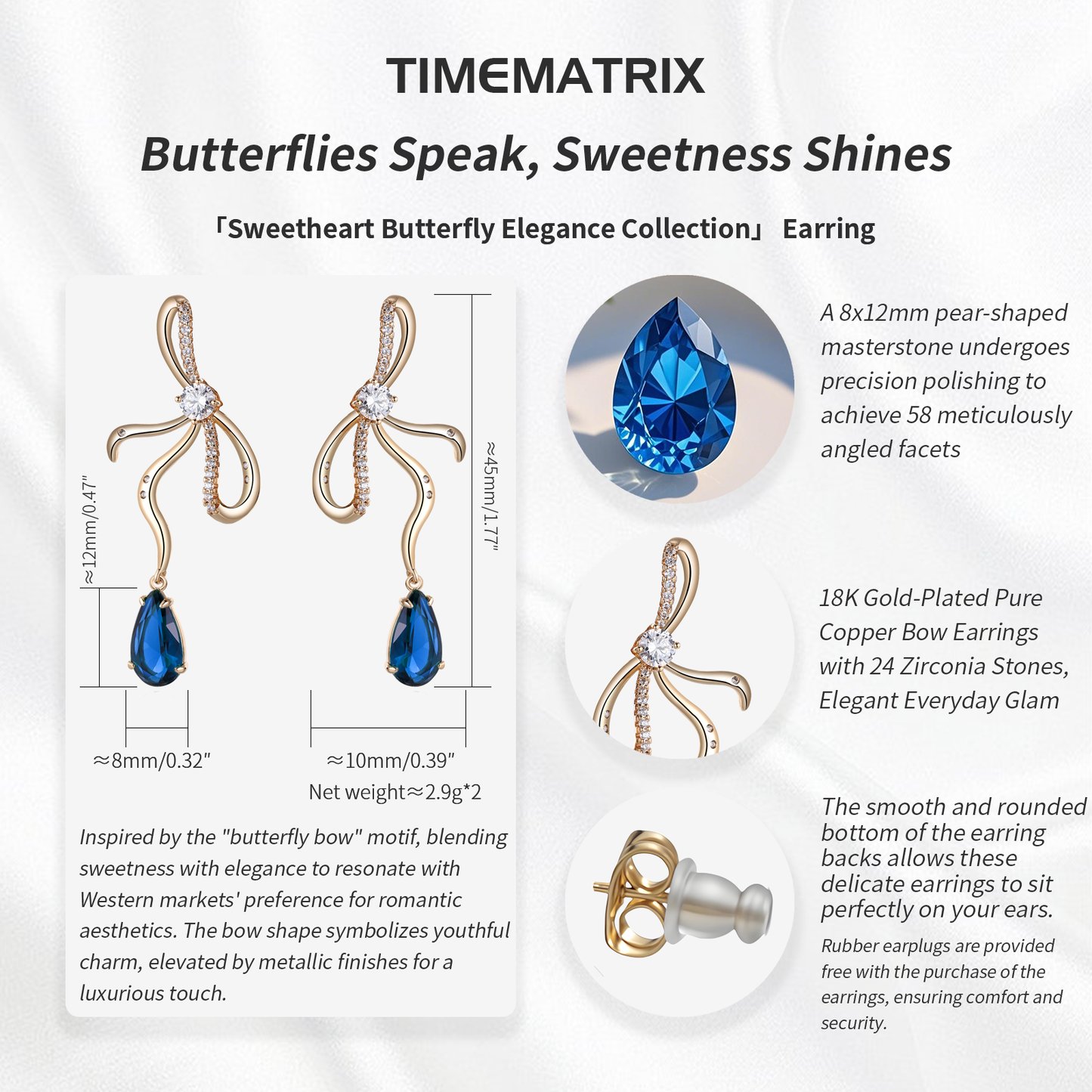 TIMEMATRIX 18K Gold Plated Bow Tie Earrings for Women | Sapphire Blue Cubic Zirconia Pendant | Perfect for Office, Date Night & Party Glam