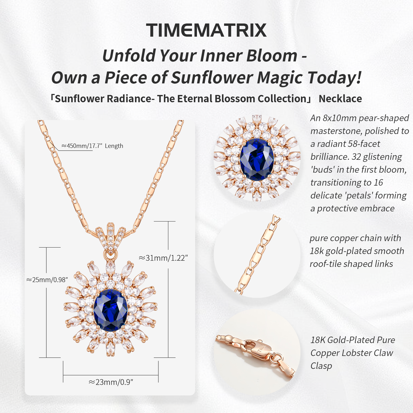 TIMEMATRIX 18K Gold Plated Sunflower Necklace for Women | Emerald CZ Gemstone Pendant, Mother's Day Gift