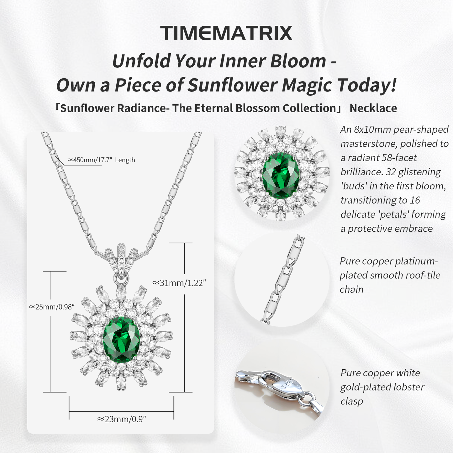 TIMEMATRIX White Gold Plated Sunflower Necklace for Women | Emerald CZ Gemstone Pendant, Mother's Day Gift