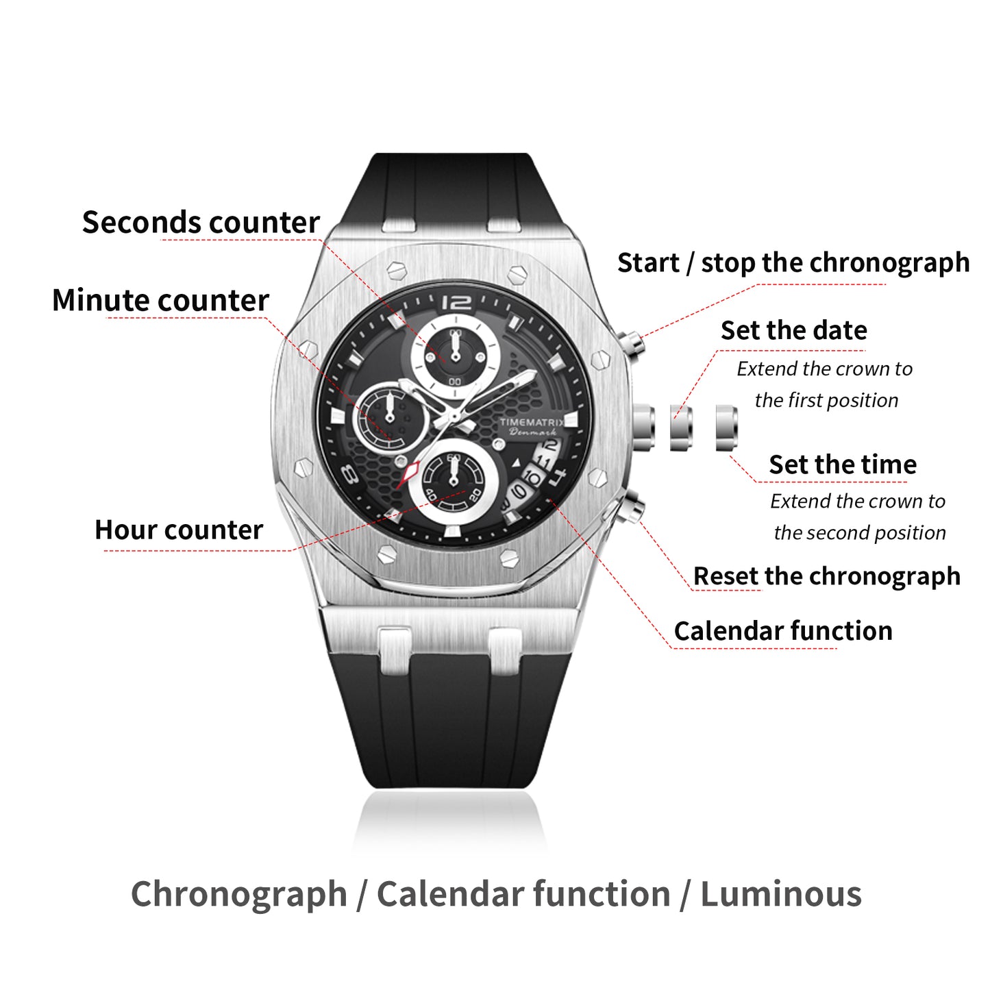 TIMEMATRIX Men's Luminous Sport Watch - 42mm Plated Case, 3ATM Waterproof, Date & Timer Functions - Silicone Strap | Ideal Birthday Gift for Dad/Him