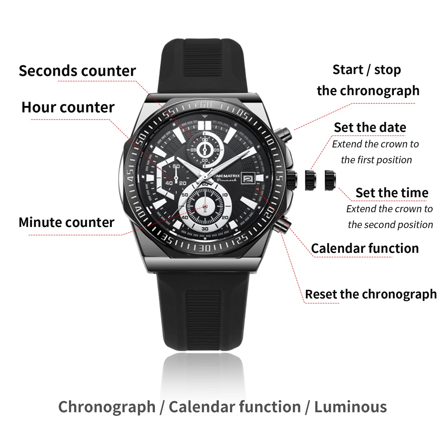 TIMEMATRIX Men's Tactical Luminous Watch 42.5mm - Alloy Case, 3ATM, Date Timer - Silicone Strap | Best Gift for Him on Father's Day/Birthday | Stylish & Practical