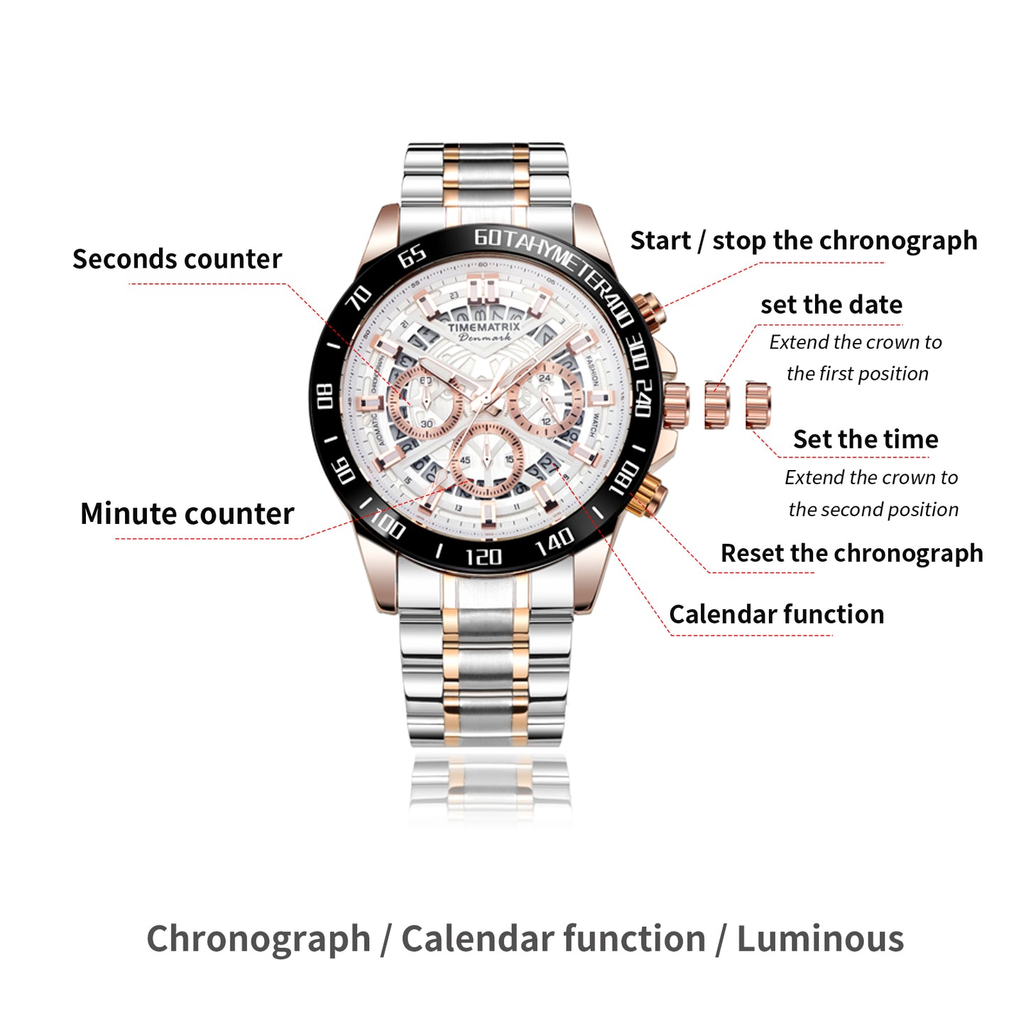 TIMEMATRIX Men's 44mm Watch | Multifunctional Luminous Dial | Sporty Casual Waterproof Wristwatch | Graduation Gift for Trendy Guys