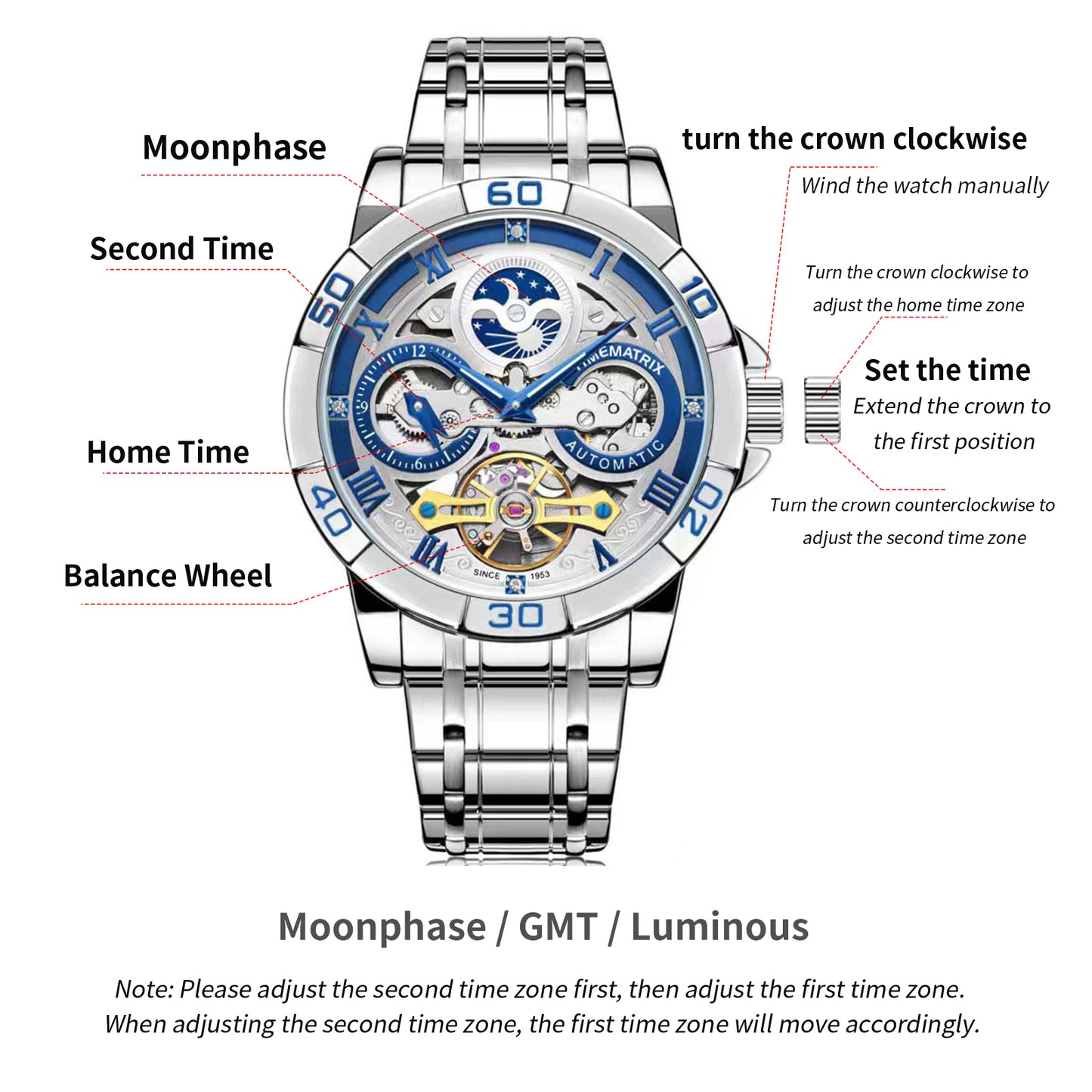 TIMEMATRIX Men's Luxury Lunar Phase Dual Time Zone Automatic Watch | Stainless Steel Silver Dial | Business Casual Waterproof Wristwatch | Ideal Gift for Father's Day, Birthday & Anniversary
