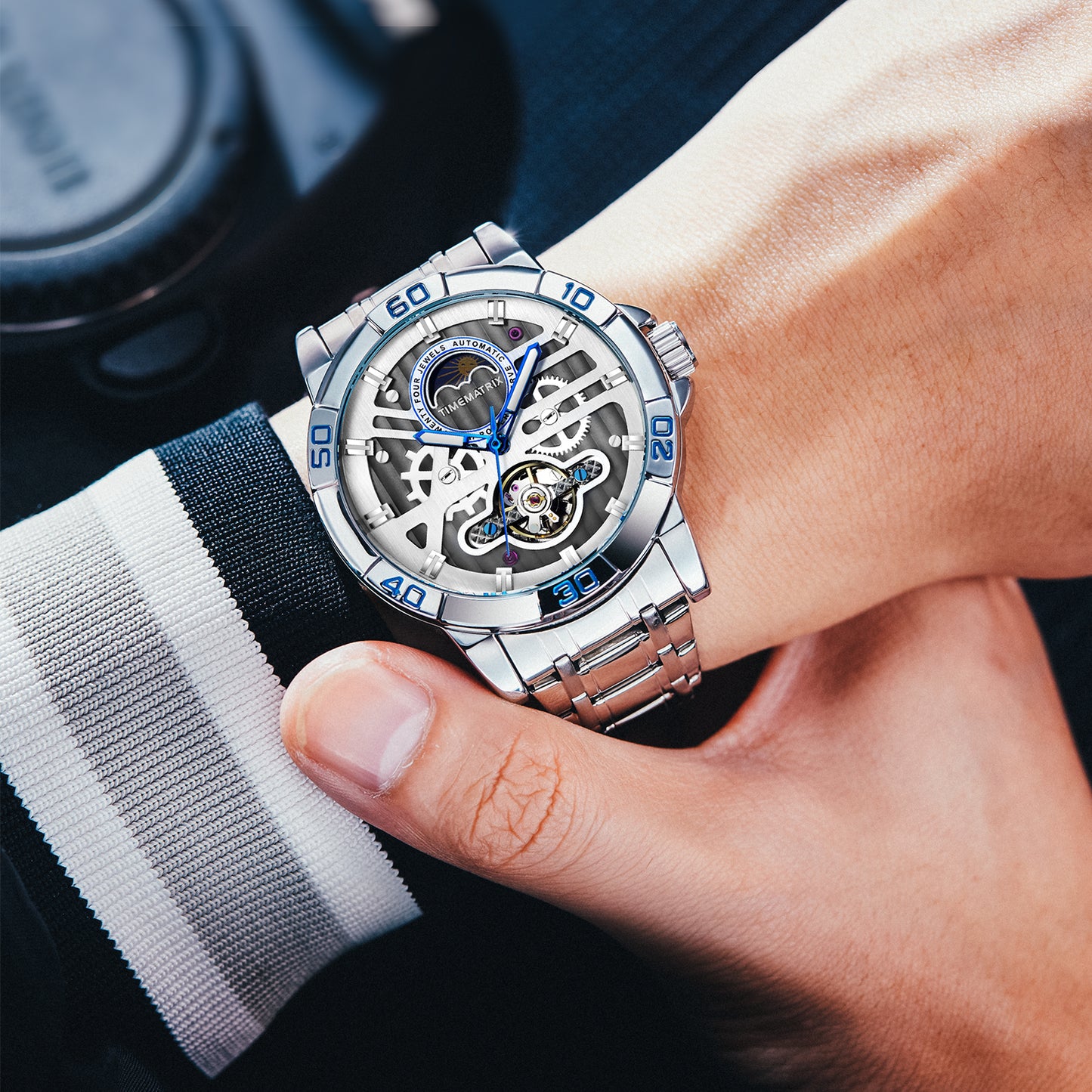 TIMEMATRIX Men's Executive Lunar Phase Watch | 316L Steel Auto | Luminous Waterproof | Corporate Gift for Leaders & Anniversary