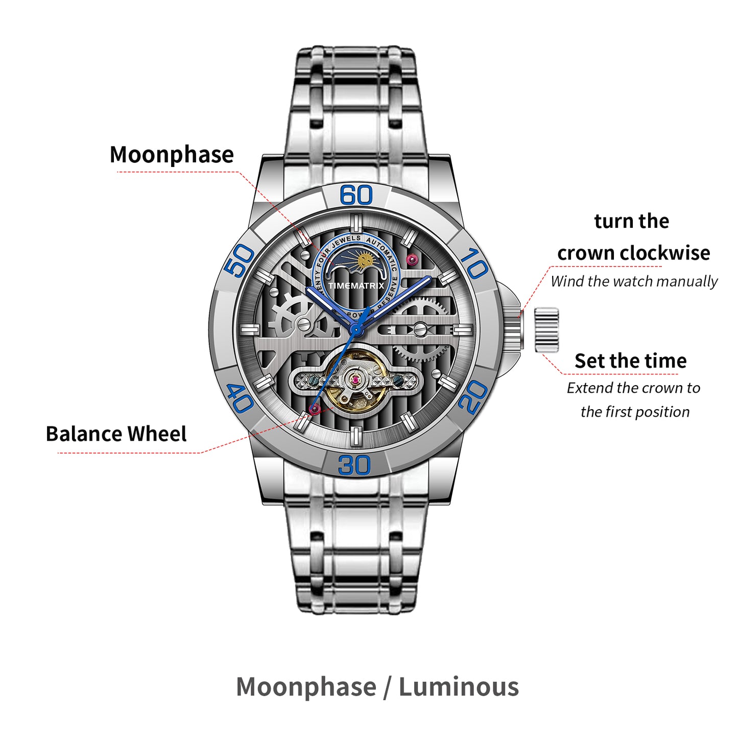 TIMEMATRIX Men's Executive Lunar Phase Watch | 316L Steel Auto | Luminous Waterproof | Corporate Gift for Leaders & Anniversary