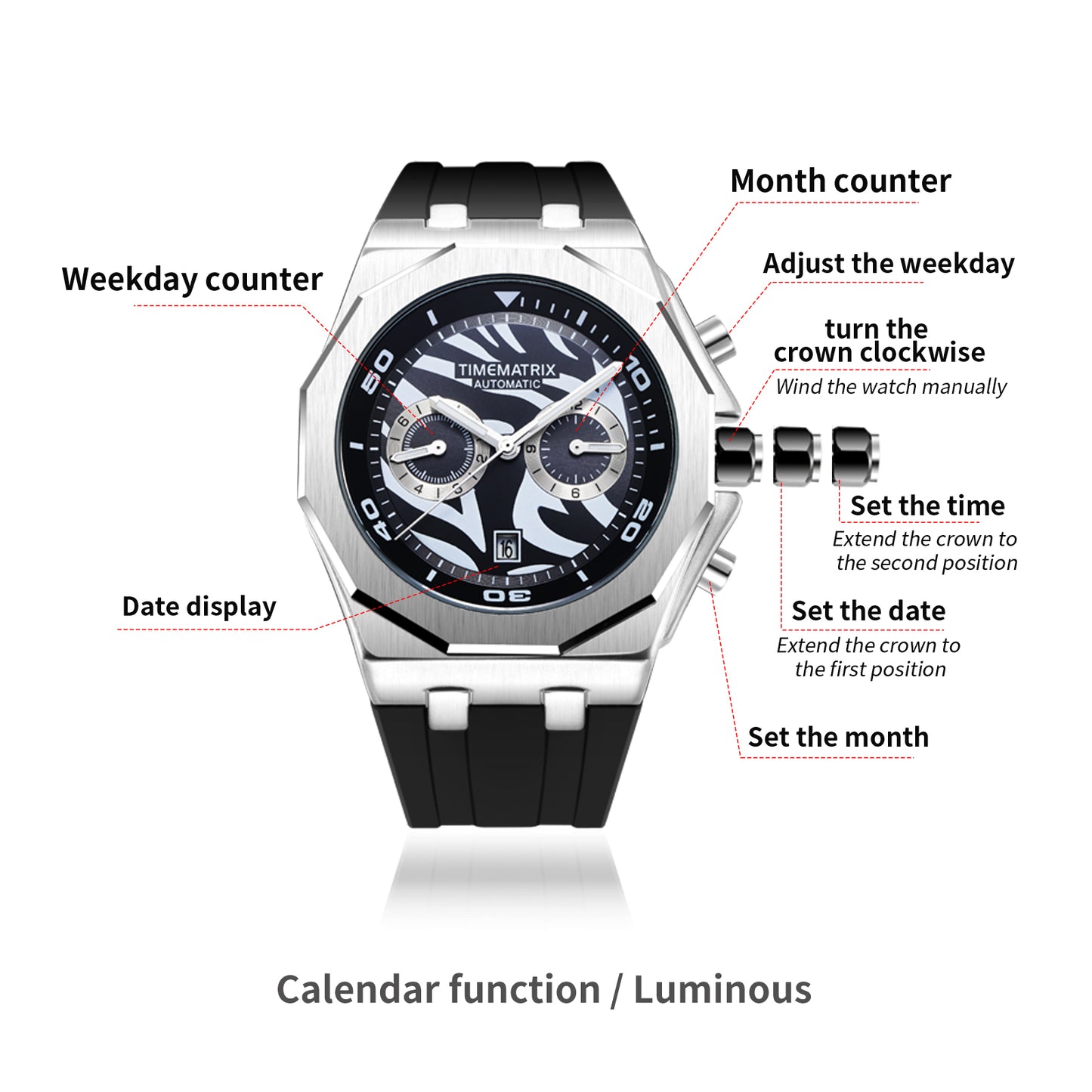 TIMEMATRIX Men's Trendy Panda Color Automatic | Black Silicone & Luminous Dial | Multifunctional Waterproof Watch | Perfect Graduation Gift for Stylish Guys
