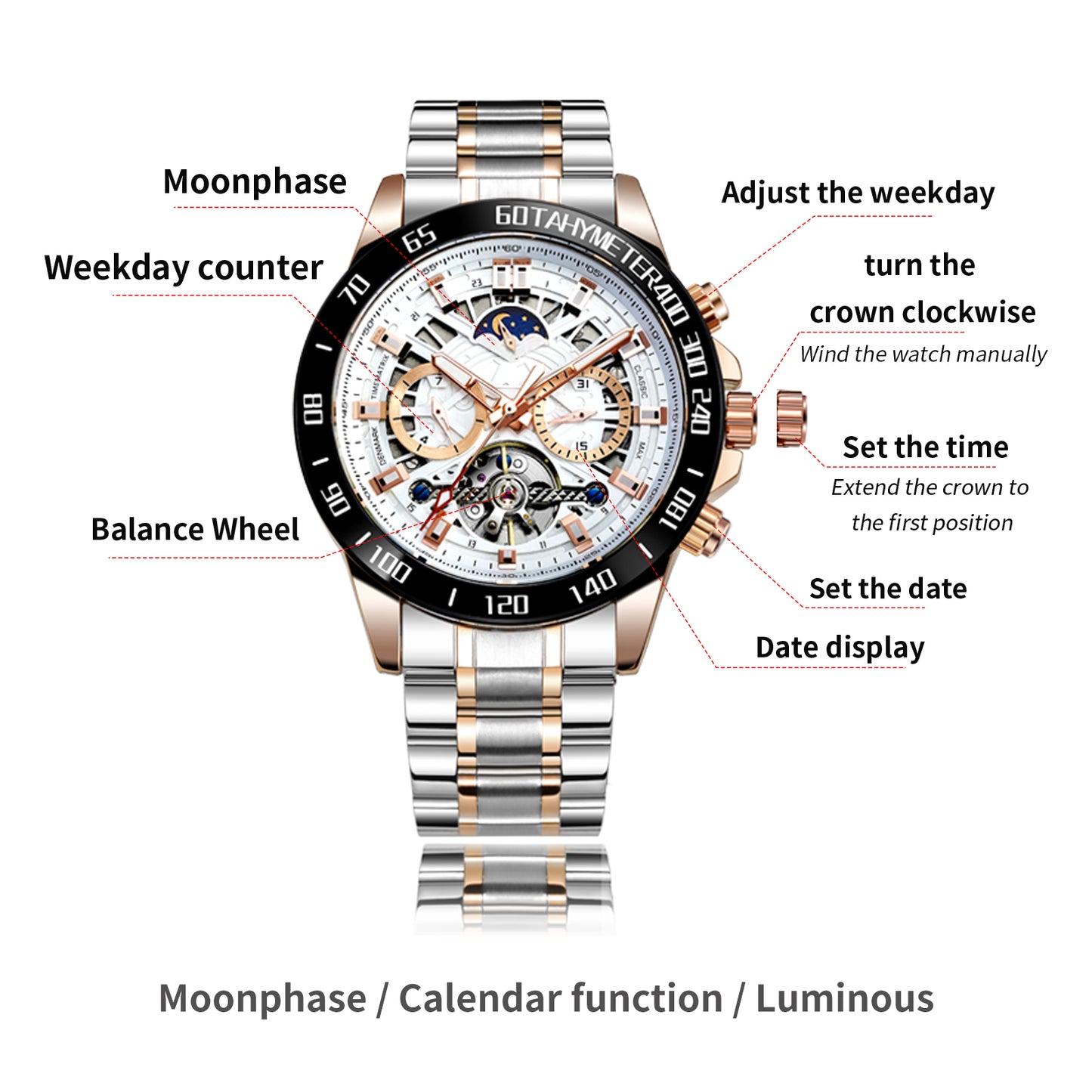 Lunar Phase Complex Function | Self-Winding Movement | Luminous Business Watch | Collectible Gift for Gearheads & Dads