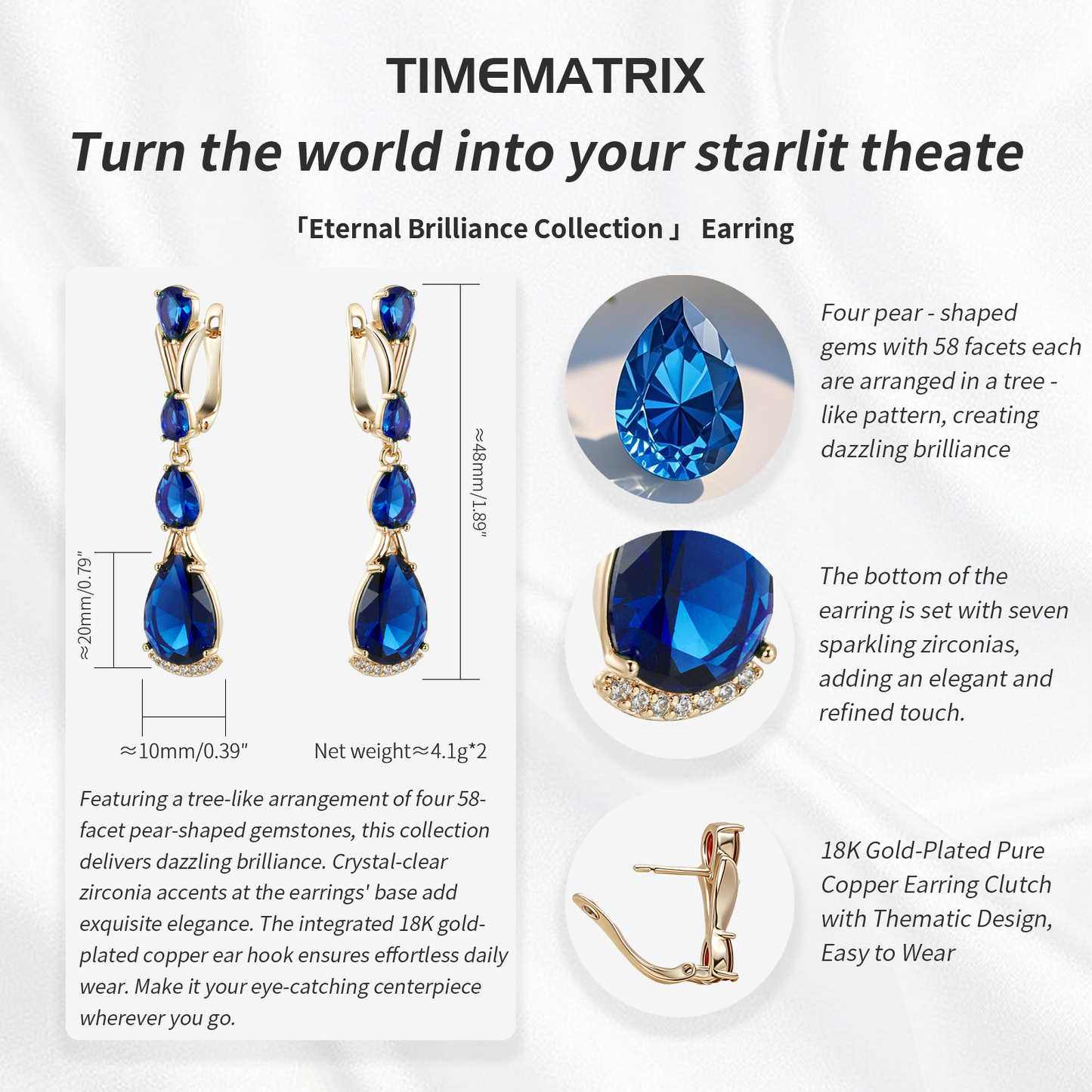 TIMEMATRIX 18K Gold Plated Double Waterdrop Dangle Earrings for Women | Sparkling Sapphire Blue Cubic Zirconia Pendant | Perfect for Evening Gala, Wedding & Date Night