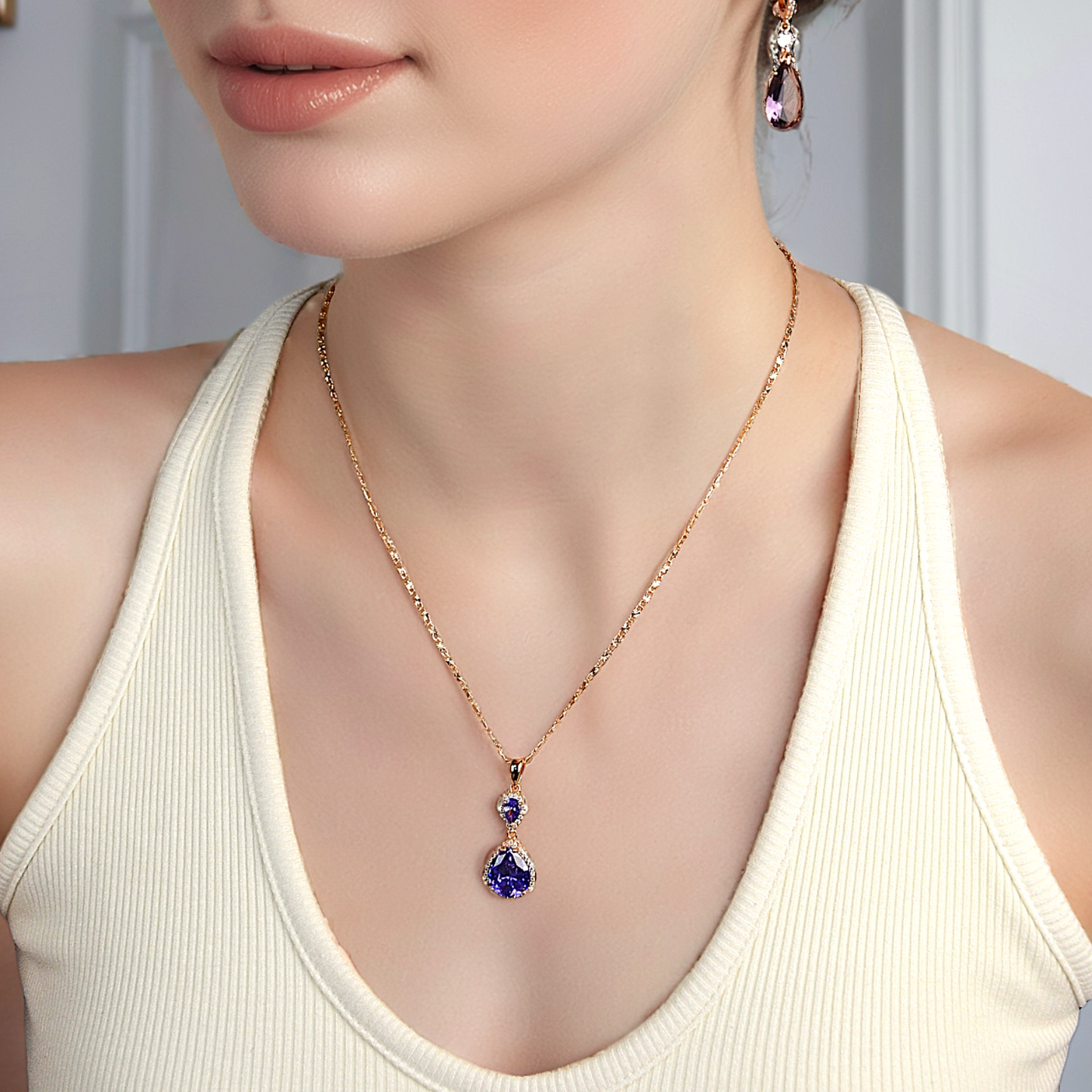 Elegant Waterdrop Pendant Necklace for Women | Brass Plated with Cubic Zirconia Gemstone | Wedding, Banquet & Party Statement Jewelry