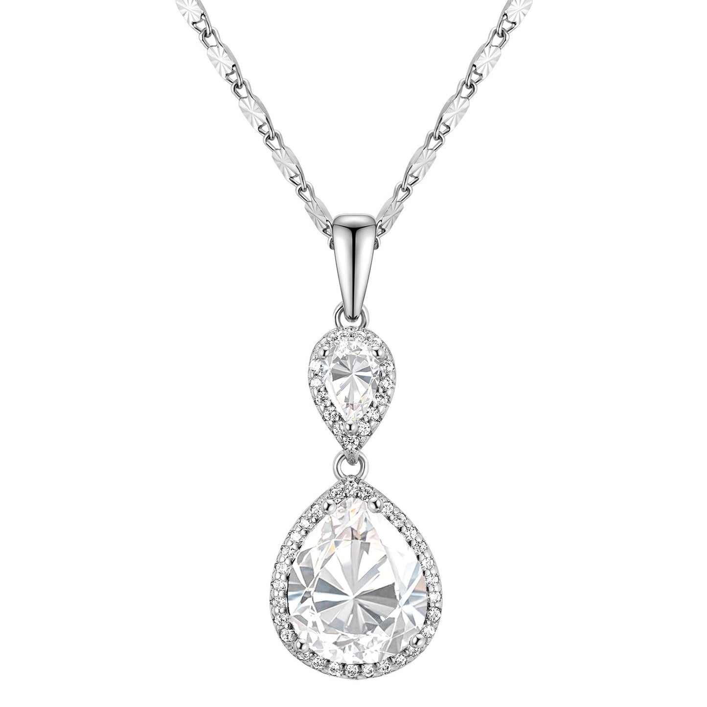 Elegant Waterdrop Pendant Necklace for Women | Brass Plated with White Gold & Set with Cubic Zirconia Gemstones | Statement Jewelry for Wedding, Banquet & Party