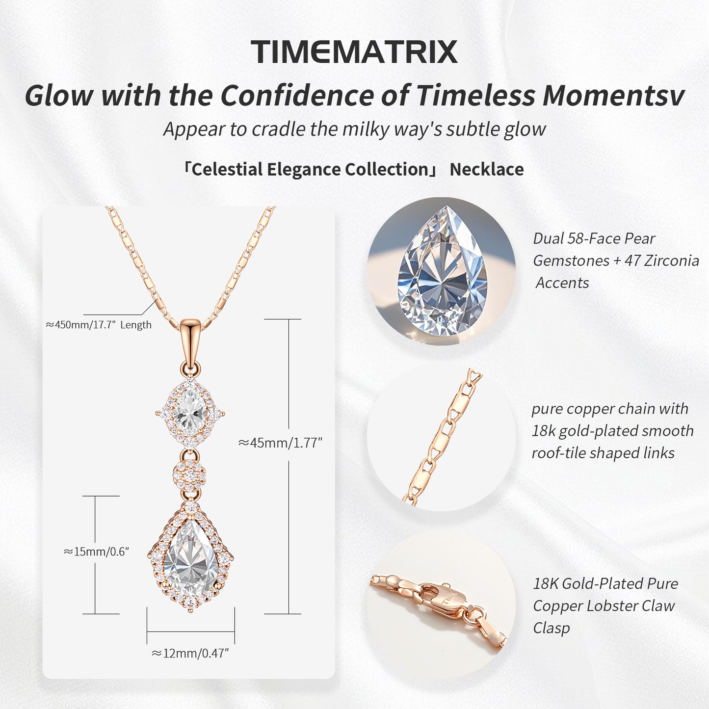 TIMEMATRIX 18K Gold Plated Water Drop Necklace for Women | White CZ Pendant, Daily & Elegant Occasions Jewelry