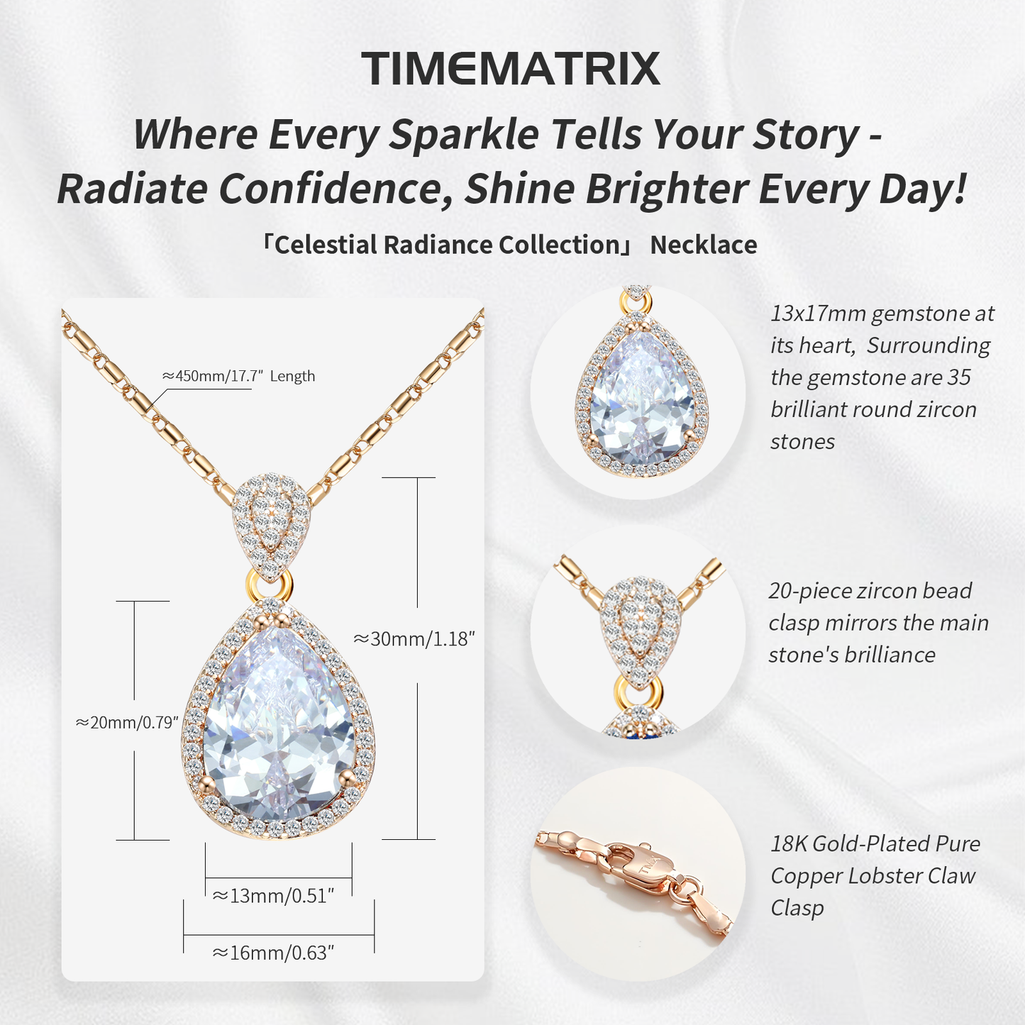 TIMEMATRIX 18K Gold Plated Sapphire Blue Water Drop Pendant Necklace | Copper Base with Glass CZ Stones, Women's Jewelry
