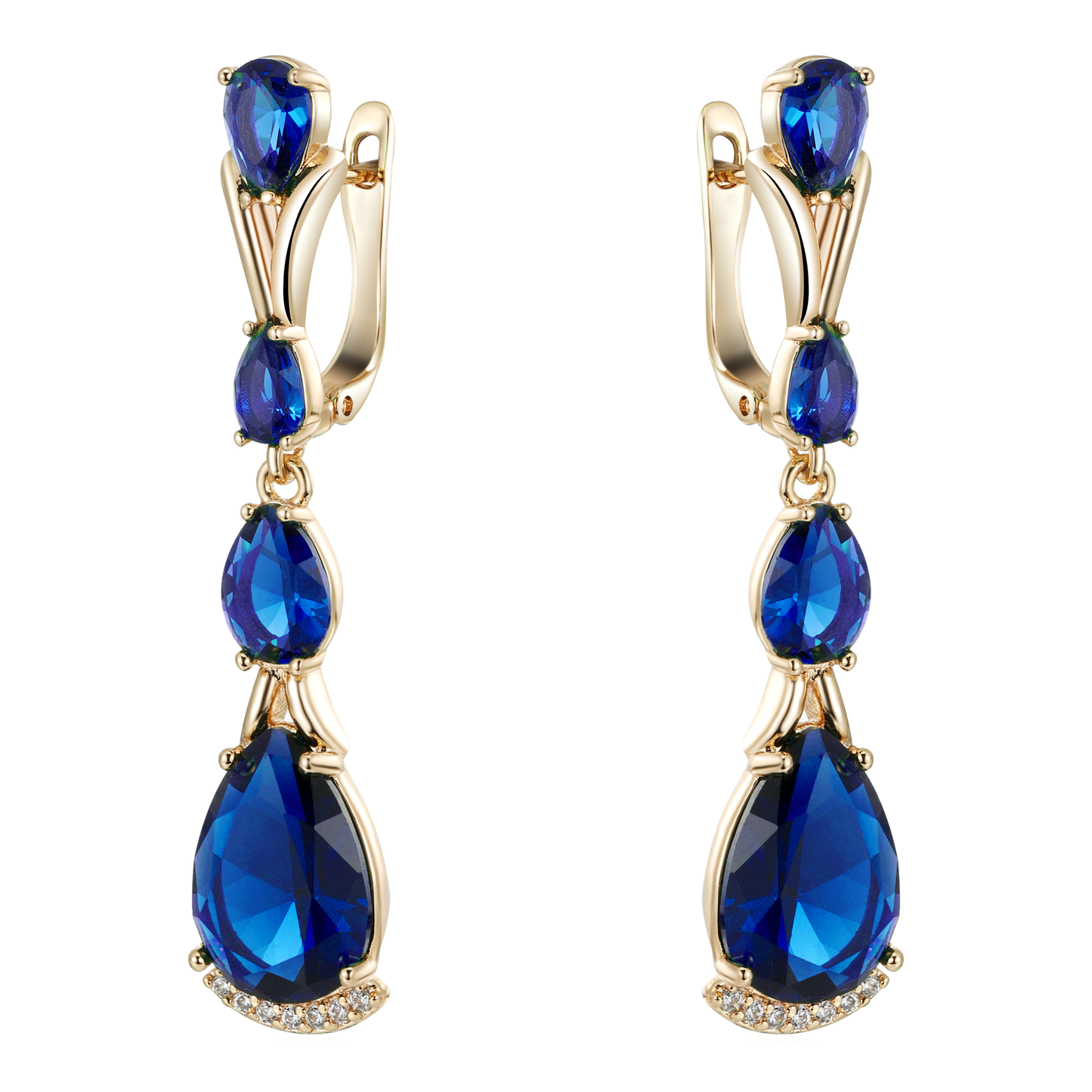 TIMEMATRIX 18K Gold Plated Double Waterdrop Dangle Earrings for Women | Sparkling Sapphire Blue Cubic Zirconia Pendant | Perfect for Evening Gala, Wedding & Date Night